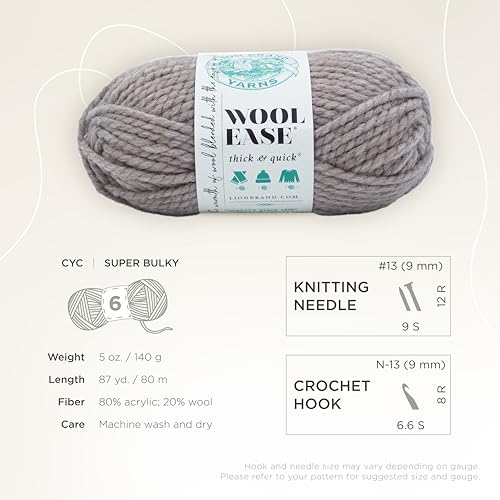 Image of Lion Brand Yarn Wool-Ease Thick and Quick Yarn, Soft and Bulky Yarn for Knitting, Crocheting, and Crafting, 1 Pack, Driftwood | Super Bulky Wool Acrylic Blend Fiber for Soft Hats, Sweaters, Chunky Blankets, Yarn for Crochet, Knitting, Crafts, Weaving