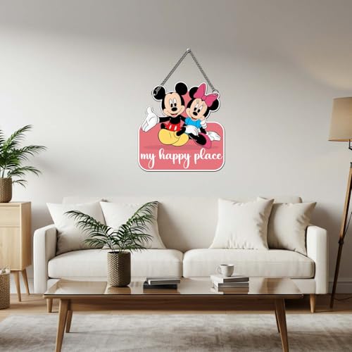 Image of GIFTMEBAZAR My Happy Place With Mickey Mouse Cartoon Theme Wooden Wall Hanging For Home, Living Room & Office Decor | Wall Art | Modern Decor Item