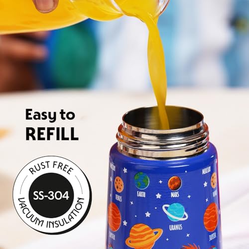 Image of Borosil 330 ml Space Design Kids Stainless Steel Bottle | ISI Certified Made in India | 8 Hrs Hot & Cold Double Wall Vacuum Insulated Flask | Push & Straw Lid | Powder Coated Finish | 1 Year Warranty