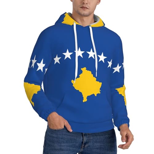 Sweat à capuche Kosovo homme - Pull manches longues avec cordon de serrage et imprimé drapeau