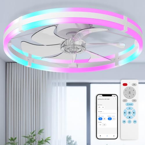 Image of addlon 24'' RGB Low Profile Ceiling Fans with Lights, App /Remote, White | Flush Mount Fandelier, 3CCT Dimmable LED, Bluetooth App /Remote, Timer, Memory, Reversible DC Motor, Bedroom /Kids room