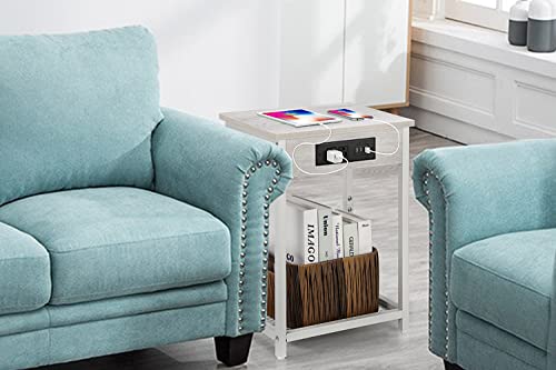 Nightstands Set Of 2, End Table With Charging Station & Usb Ports, 2 Tier Narrow Side Tables Bedroom With Storage Shelf, Bedside Tables For Bedroom, Living Room,(Light Maple White) #TOP5