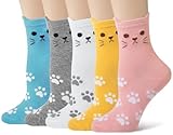 Cute Socks Womens Dog Cat Novelty Animal Socks for girl Cartoon Cotton Casual Crew Funny Socks 5 Pairs, Cat style 1