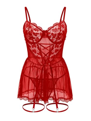 Foxiny Sexy Floral Lace Mesh Sheer Garter Babydoll Lingerie Dress Corset Outfit Set with Thong 3 Piece Women Nightwear Cute Chemise Negligee Nighty Red Medium