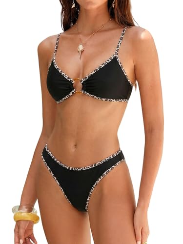 Image of ZAFUL O Ring Bikini Sets for Women Lace Up Swimsuits High Cut Swimwear Contrast Stripe 2 Piece Bathing Suits
