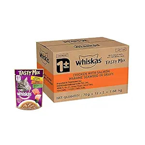 Whiskas Tasty Mix Wet Food for Adult Cats (1+ year), Made With Real Fish, Chicken With Salmon Wakame Seaweed in Gravy, 24 Pouches (24 x 70g)