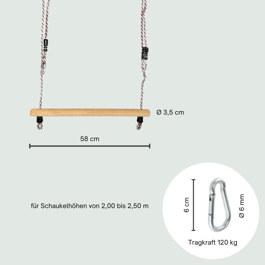 h2i Holz Trapezstange – Robuste Trapez Schaukel mit PP-Seilen & Karabinern, Höhenverstellbar, Für Indoor & Outdoor, Stabil & Langlebig