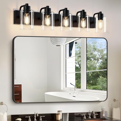 Dpyrrhic Matte Black Bathroom Light Fixtures,5-Light Bathroom Lights Over Mirror with Clear Glass Shade,Wall Sconces for Bathroom, Bedroom, Hallway by Dpyrrhic - Used condition - Image 5