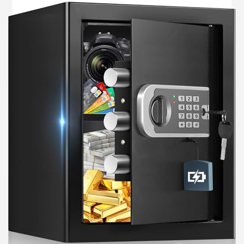 50L Großer Safe Tresor für Zuhause, Safe Tresor Feuerfest Wasserdicht mit Schlüssel, Zahlenschloss, Möbeltresor Feuerfester mit Intelligente Alarme, Wandtresor für Gold Schmuck Dokumente