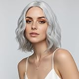 simkaylee Short Wavy White Silver Wigs for Women 14 Inch Shoulder Length Middle Part Curly Wavy Bob Grey Wigs Natural Looking Synthetic Heat Resistant
