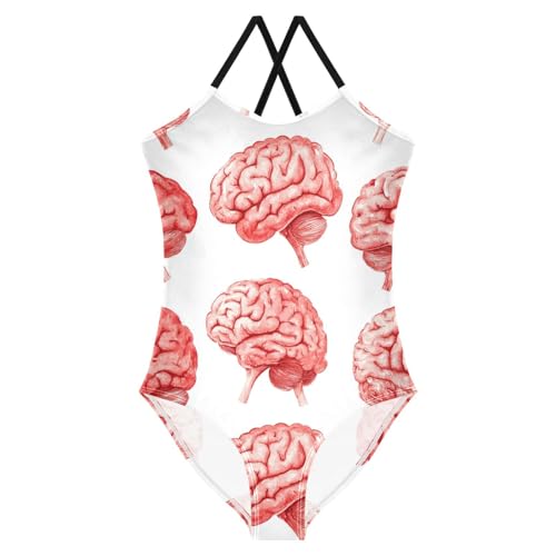 Pigsaly Girls One Piece Swimsuits Watercolor Cute Red Human Brain Body Kids Cross Back Swimwear Beach Sport Bathing Suit 3T