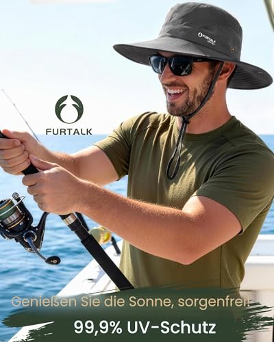 FURTALK Bucket Sonnenhut Herren UPF 80 breiter Rand Outdoor Wander Angler und Strandhut Dunkelgrau