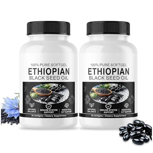 KutaKuta 2 Bottle Purely Ethiopian Black Seed Oil Capsule 100% Pure Virgin Nigella Sativa Softgels with 60 Organic Cold Pressed Stabilise Blood Pressure Boost Immunity for Men Women