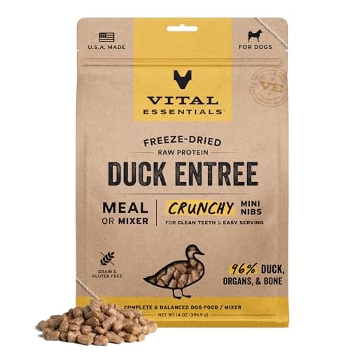 Vital Essentials Freeze Dried Dog Food, Raw Duck Crunchy Mini Nibs | Complete Meal or Topper | 96% Duck, Organs & Bone | Limited Ingredient, High Protein, Grain Free Dry Dog Food | 14 oz Bag
