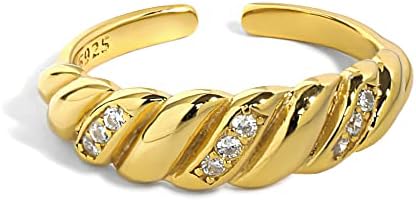 18K Gold or Rhodium Plated AAAA Grade Zirconia Croissant Dome Sterling Silver Rings for Women Croissant Braided Twisted Chunky Thick Stacking Statement Band Rings for Women Adjustable (Gold)