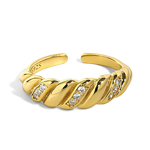 18K Gold Or Rhodium Plated Aaaa Grade Zirconia Croissant Dome Sterling Silver Rings For Women Croissant Braided Twisted Chunky Thick Stacking Statement Band Rings For Women Adjustable (Gold) #TOP28