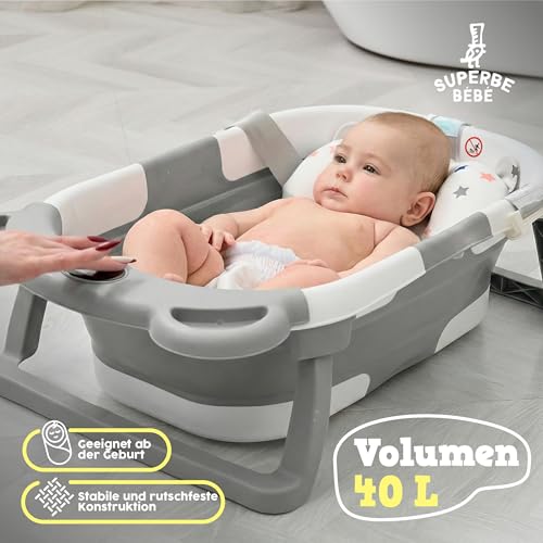 Faltbar Baby Badewanne Mit Rutschfestem Badekissen - Babywanne XXL Mit Baby Badewannensitz & Badethermometer - Von Der Geburt Bis 3 Jahre - Baby Bathtub - Geburtsgeschenke Für Mädchen & Jungen