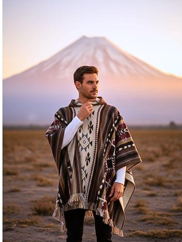 Image of Wool Poncho Adult Ponchos With Hood for men Alpaca Poncho Men Artesanal Ponchos Adult Alpaca Mens Panchos