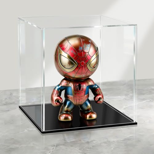 LANSCOERY Acrylic Display Case, 4x4x4 in, Upgraded Thickened UV-Resistant Showcase, 98% Clarity Dustproof Box with Glossy Black Base for Action Figures, LEGO & Models, Includes Scraper & LED Light