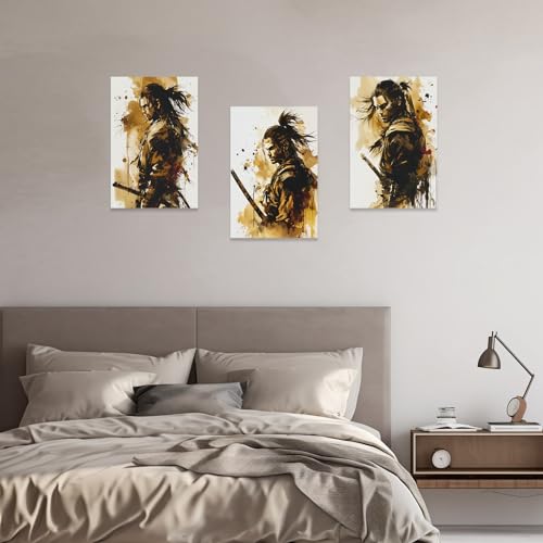 Image of CCWACPP 3 Piece Samurai Wall Art Japan Painting Canvas Print Warrior Figure Pictures Bushido Posters Japanese Culture Theme Artwork Home Room Decor Framed (B, (16 inchx24 inchx3))