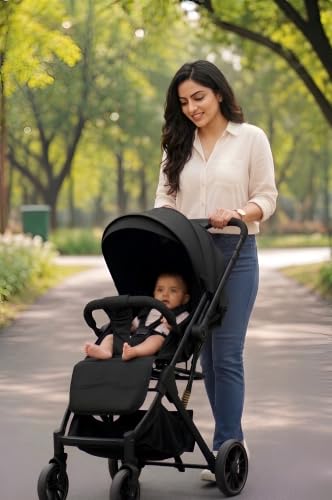 Image of Travel Mate Premium Baby Stroller Pram - Reversible Handle, One-Hand Fold, Full Recline & Suspension | All-Terrain Large Wheels, Travel-Friendly | 5-Point Harness for Newborns to Toddlers 0-3 years (Black)