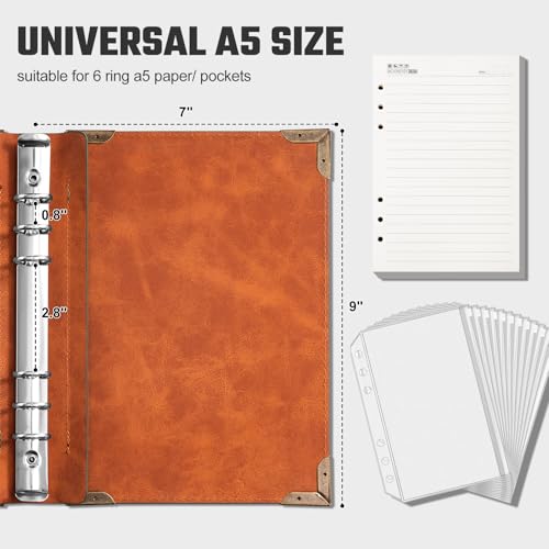 Ovesmusl Pasta de couro PU A5 6 anéis, capa de diário recarregável, sem refil de papel A5, fichário