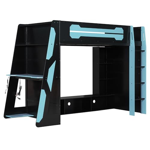 Image of Harper & Bright Designs Twin Size Wood Loft Bed with Desk and Multi-Storage Shelves, Wooden Gaming Loft Bed Frame with RGB Light, Space-Saving Bed with Safety Guardrail, Blue