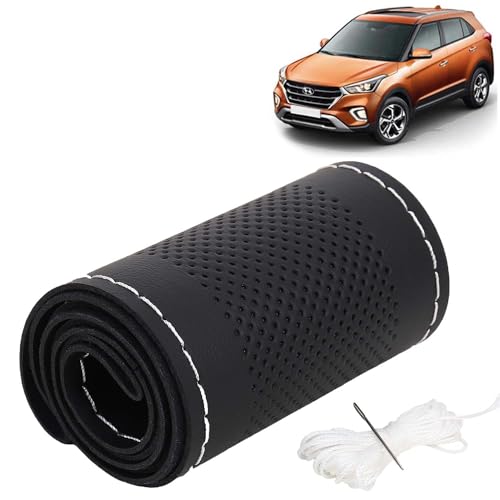Image of KINGSWAY PU Leatherite Car Steering Cover Sewable Compatible with Hyundai Creta (Year 2018-2019), Black Color with Silver Thread, Pack of 1 with Sewing Needle and Thread