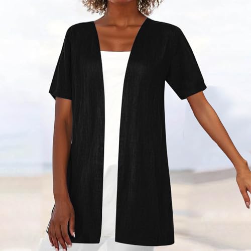 Women's Summer Cardigan Lightweight Open Front Beach Cover Ups Short Sleeve Cotton Linen Cardigans Ladies Casual Solid Color Thin Summer Jacket - Image 2