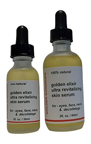 GOLDEN ELIXIR ULTRA REVITALIZING SKIN SERUM FOR EYES, FACE, NECK DECOLLETAFE, 100% NATURAL, RICH IN VITAMINS, MINERALS, PROTEINS, OMEGA 3 & OMEGA 6 FATTY ACIDS, HEALING AND REJUVENATING OILS, AND EXTRACTS, REDUCES AND PREVENTS WRINKLES CAUSED BY DEHYDRATION AND GENERAL AGING, IN TWO SIZES, 1 FL OZ / 30 ML, AND 2 FL / 60 ML, MADE IN THE USA.