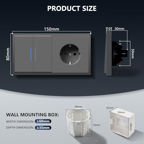 BSEED Lichtschalter mit Steckdose mit Steckklemme,2 Fach 1 Weg Lichtschalter mit LED Kontrollleuchte,Wandschalter mit PC Rahmen,Unterputz Schalter mit Steckdosen Grau- 150X80mm