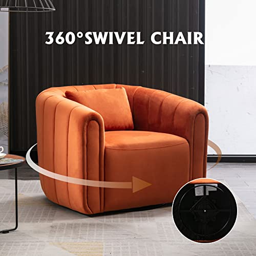 Anj Swivel Accent Chair With Plump Pillow, Modern Channel Velevt Accent Chair, Comfy Round Armchair, Swivel Barrel Chair For Nursery Living Room Bedroom (Orange) #TOP2