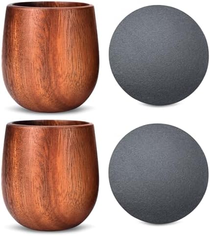 2 Pack Wooden Bourbon Glass with Slate Stone Coaster, Wooden Whiskey Glass, Gifts for Bourbon Lovers, Bourbon Gifts for Men, Dad, Brother, Whiskey Lovers (Acacia Wood+Polished Edge Coasters)