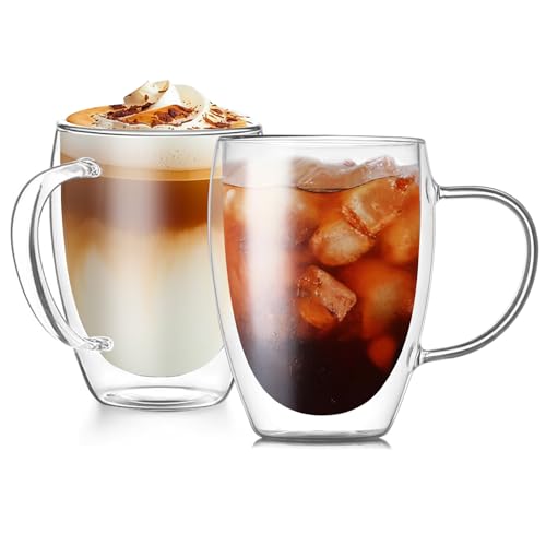 12OZ Double Wall Glass Cups With Handle, Large Glass Mugs Espresso Cups Set of 2, 330ML Clear Coffee Cup, Double Wall Insulated Mugs, Microwave Dishwasher Safe
