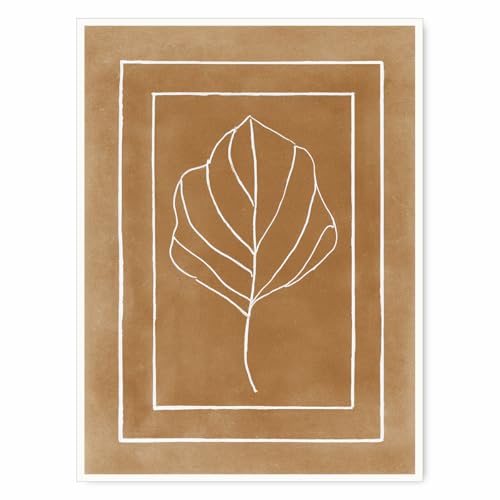 Autumn Minimalist Leaf Wall Art – Tan Brown Botanical Line Drawing Poster,Neutral Fall Decor Canvas Print for Cozy Bedroom or Rustic Living Room Wall-12x16Inch Ready to Hang(Unframed)