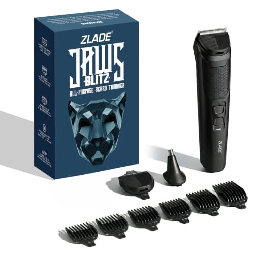 Image of Zlade Jaws Blitz All in One Beard Trimmer for Men | 7 length settings of 0.5mm to 12mm | 3 Interchangeable Heads - Beard Trimmer, Nose & Ear Trimmer, Precision Styling Trimmer | USB-C Fast Charging, 90mins runtime (Black)
