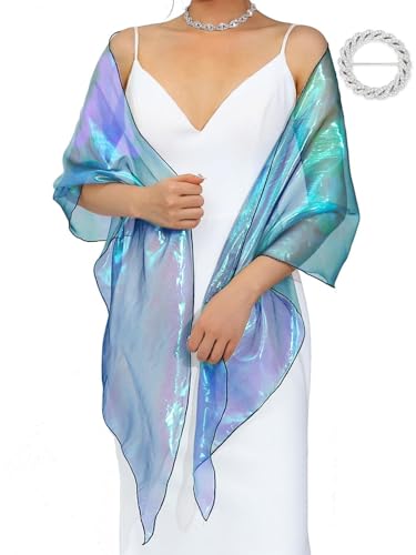 EASEDAILY Women Shawls and Wraps for Evening Dresses Purple Green Sparkly Bridal Sheer Scarf with Rhinestones Buckle