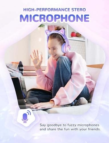 Image of iClever Cat Ear Kids Bluetooth Headphones, LED Lights Up, 74 /85 /94dB Volume Limited, 50H Playtime,Bluetooth 5.2, USB C, Kids Headphones Wireless for Travel iPad Tablet, Meow Macaron-Gradient Pink