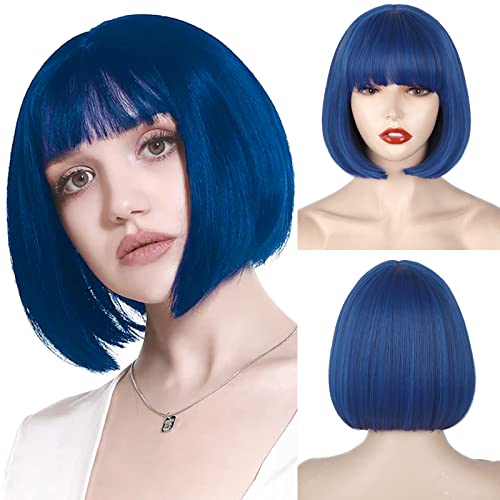 WERD Short Blue Bob Wig with Bangs,Straight Bob Blue Coraline