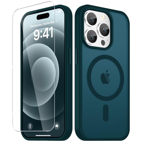 Image of YENAPOON for iPhone 15 Pro Case, Matte Magnetic Phone Cover [with 1 Screen Protector] [Support for MagSafe] [Shockproof Military Grade Protection] Translucent Frosted Back, Blue