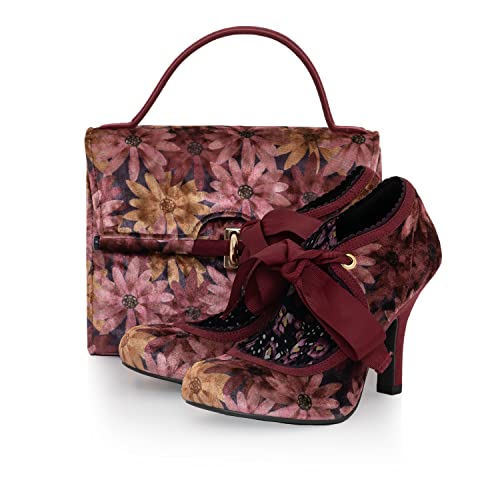 Ruby Shoo Weidenschuh und passende Malibu-Tasche, Größe 36-42, Blumen/Marineblau, Ocker, burgunderfarben, 37 EU