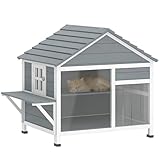 PawHut Maison pour Chat en Bois Résistant aux Intempéries avec Toit Ouvrant   Niche Extérieur avec Fenêtre, Porte à Lamelles et Plateforme   Grande Villa Chat à Double Étage, 101x72,5x81cm, Gris