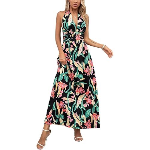 Generisch Strandkleid Damen luftig Damen Sommerkleid Neckholder Kleid Boho Blumendruck Maxikleid Elastische Taille V-Ausschnitt Ärmellose...
