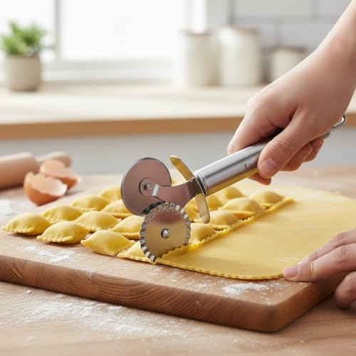 Image of Professional Double Wheel Pastry Cutter - Stainless Steel Pasta & Ravioli Cutter Wheel with Fluted and Straight Blades - Multi-Purpose Dough Crimper and Pizza Slicer for Baking and Home Cooking