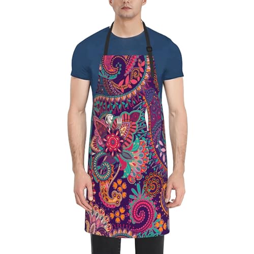 Hysing YIFAN040115-MI0194 Paisley Cooking Apron For Women Men With Pockets,Watercolor Flowers Indian Style Floral Ethnic Red Oxford Cloth Kitchen Apron thumb #8