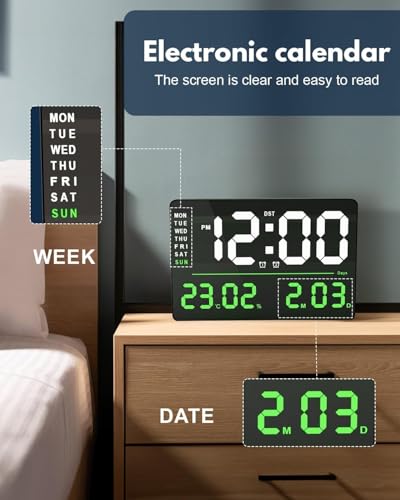 Image of 15-Inch Digital Wall Clock with Large LED Display - Remote Control, Auto-Dimming, Night Light, Date, Day, Temperature, DST Function - Ideal for Living Room, Bedroom (Square Green)