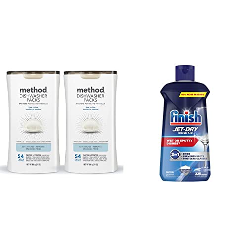Method Dishwasher Detergent Packs, Free + Clear, 54 Count & Finish Jet-Dry Rinse Aid, Dishwasher Rinse And Drying Agent, 23 Fl Oz, Packaging May Vary #TOP8