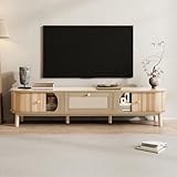 ModernLuxe TV Stand Cabinet with Solid Wood Doors & Rattan Drawer, Sliding Door with Smooth Round Handles, Large Storage Media Console, TV Unit for Living Room, Natural Colour, 170 × 39.5 × 38 cm