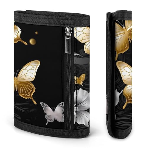Gold White Butterflies Black Trifold Wallet, Card Cases And Money Oganizer Thin Stylish Mini Coin Bag with Zipper Coin Pocket Credit for Men And Women3