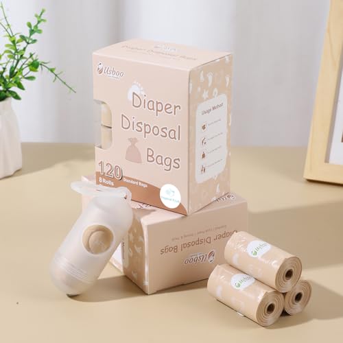 Image of USBOO Disposable Diaper Bags, 8 Rolls / 120 Bags, Tropical Fruit Scent | Leak-Proof Biodegradable Diaper Trash Bags with Dispenser, Ideal for Home & On-the-Go, Soiled Diapers & Pet Waste